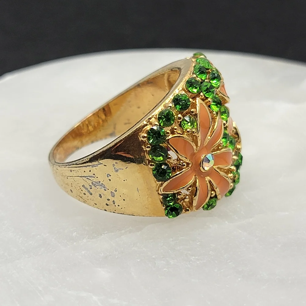 Vintage Wide Band Floral Rhinestone Ring Size 12 ½
